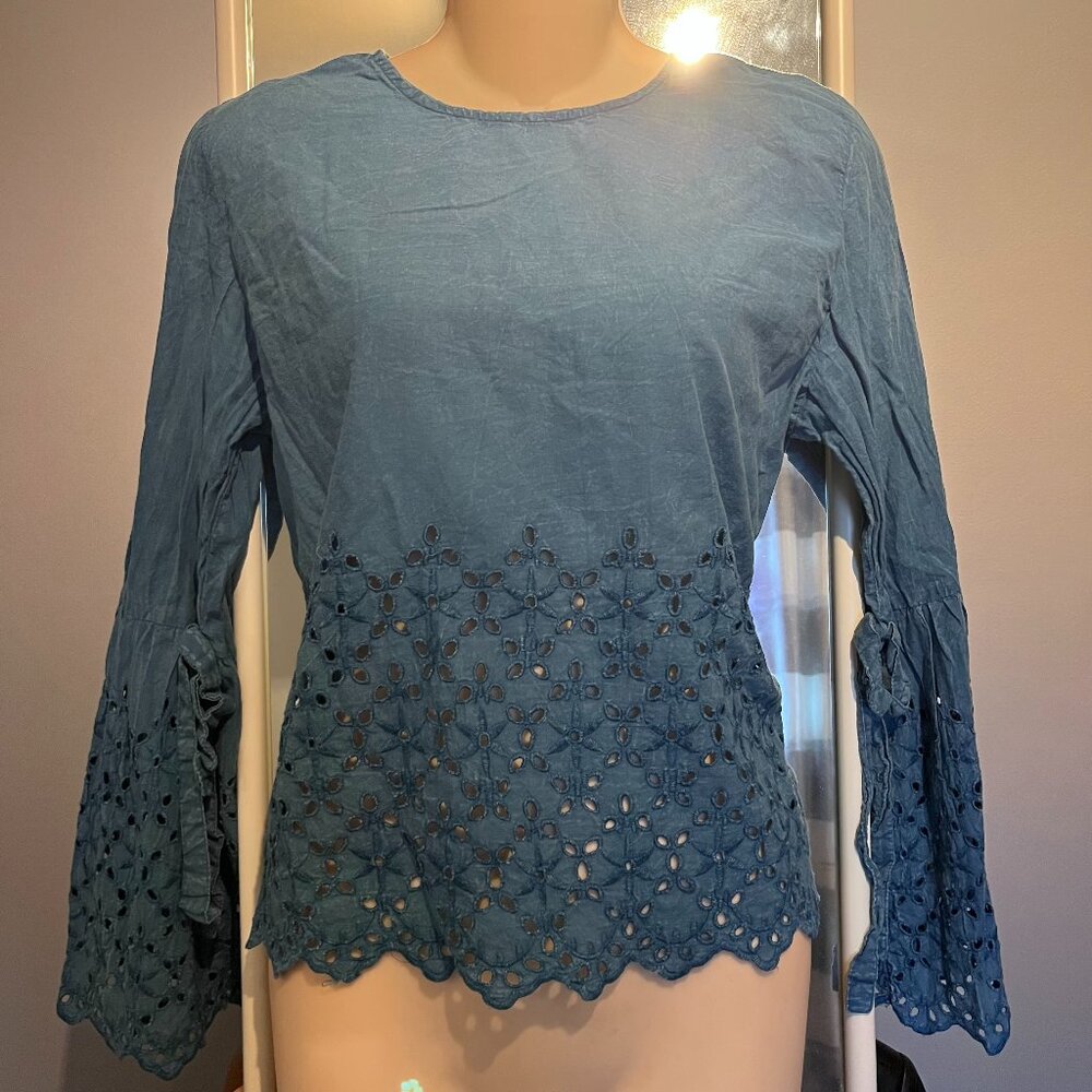 Style Envy Flowy, BOHO Shirt with Floral Cut-Outs and Ties on Bell Sleeves